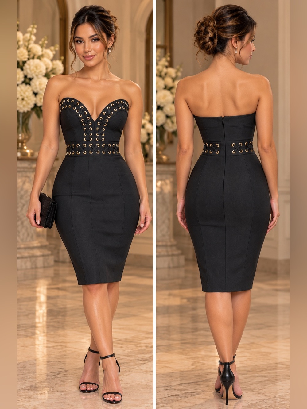 Hot Miami Styles Black Lace-Up Strapless Bandage Midi Dress Size Small